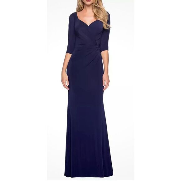 La Femme Ruched Jersey Column Gown in Navy Blue NWOT Size 10 - Picture 1 of 6
